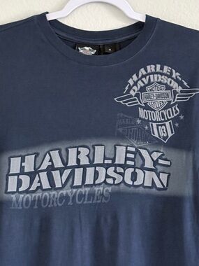 HARLEY DAVIDSON Classic Design Distressed Graphic T Shirt | Blue | Size Small